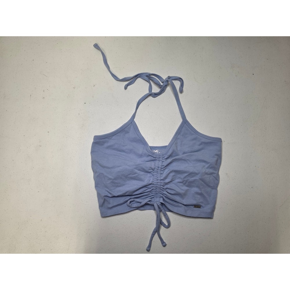 Hollister Blue Ribbed Cinched Halter Crop Top Built-in Bra Medium